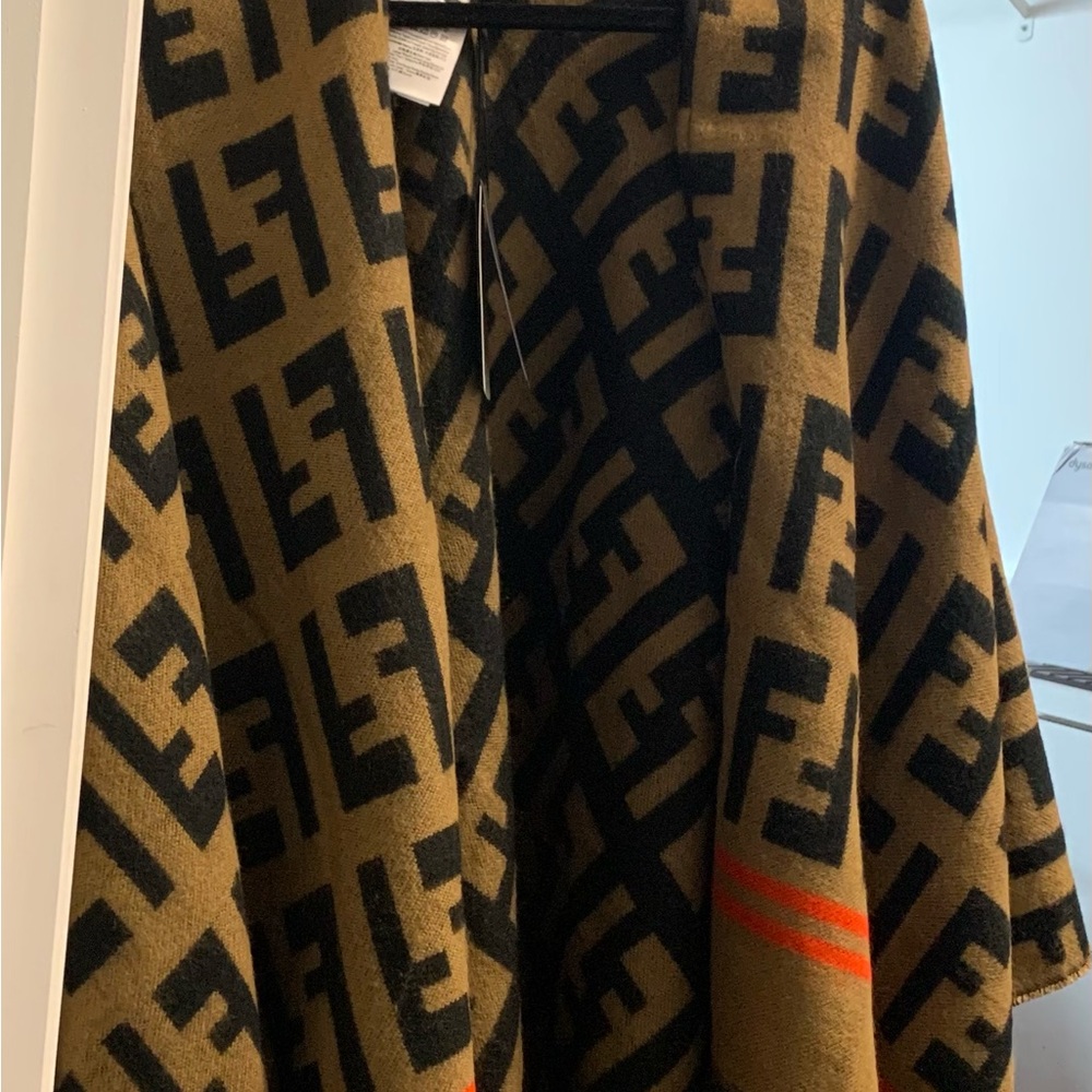Fendi Brown Black Logo Wool Scarf with Orange Stripes - Picture 4 of 4
